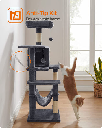 143cm Tall Cat Tree, Cat Scratching Post, with 4 Scratching Posts, 2 Perches, 1 Cave, 1 Hammock, 2 Pompoms, Multi-Level Plush, Smoke Gray