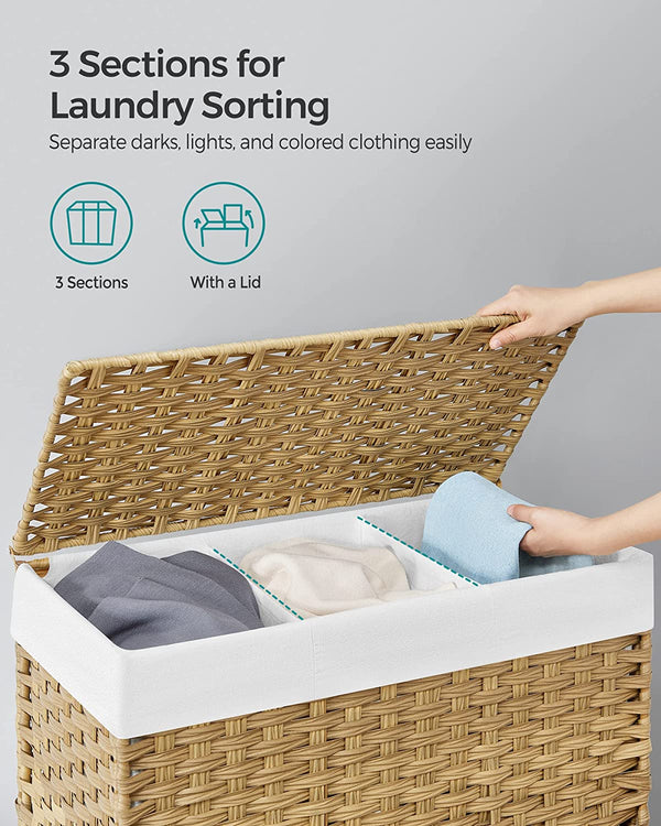 140L 3-Section Laundry Hamper - Lid & Wheels - Karrari