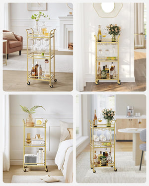 3-Tier Gold Bar Cart with Mirrored Shelves - Karrari