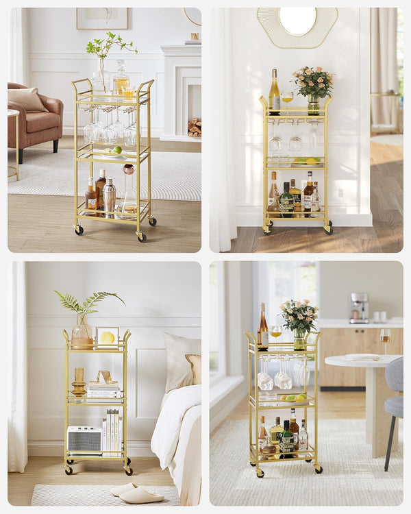 3-Tier Gold Bar Cart with Mirrored Shelves - Karrari