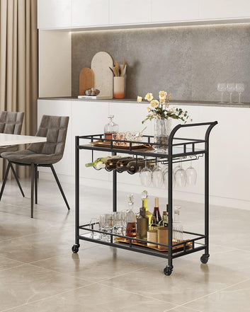 Drinks Trolley Trolley with Wheels Kitchen Cabinet 2 Levels Reflective Glass