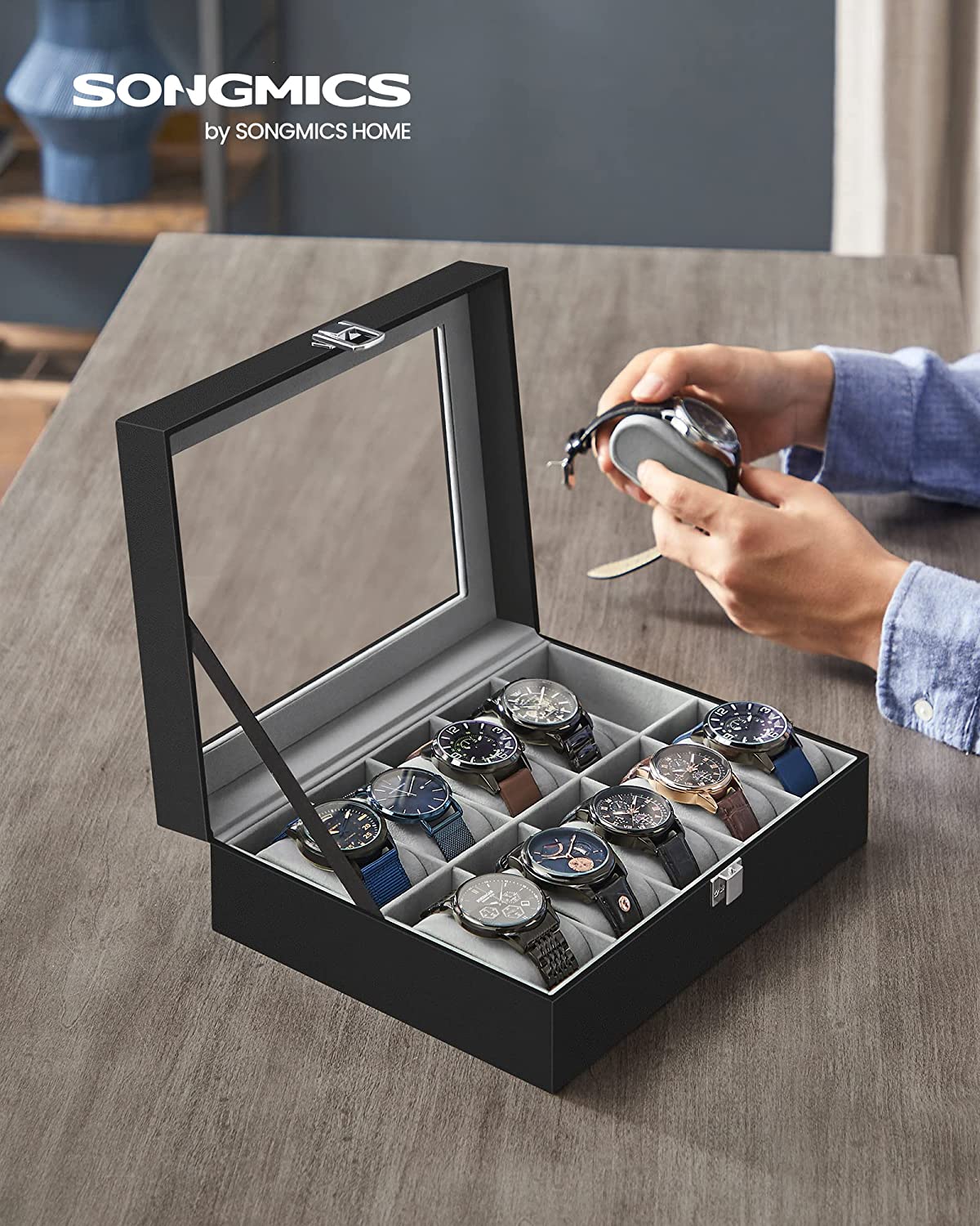 Watch Box with 10 Slots, Watch Case with Glass Lid, Watch Display Box