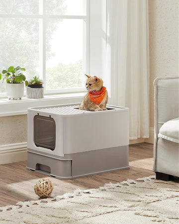Cat Litter Box with Lid, Covered Litter Box with Top Entry, Slide-Out Tray, Scoop, Brush