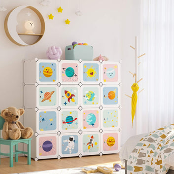 Wardrobe, DIY Storage Cabinet, for Hanging Clothes, Storage, for Kids, 16 Cubes, 4 Hanging Rods