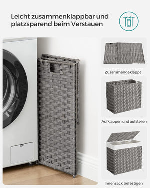 160L 3-Compartment Laundry Hamper - Lid & Wheels - Karrari