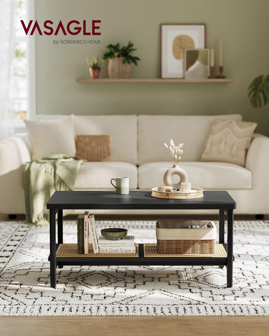 Coffee Table 2 Levels Living Room Table with Shelf, Rattan Style, Table Living Room