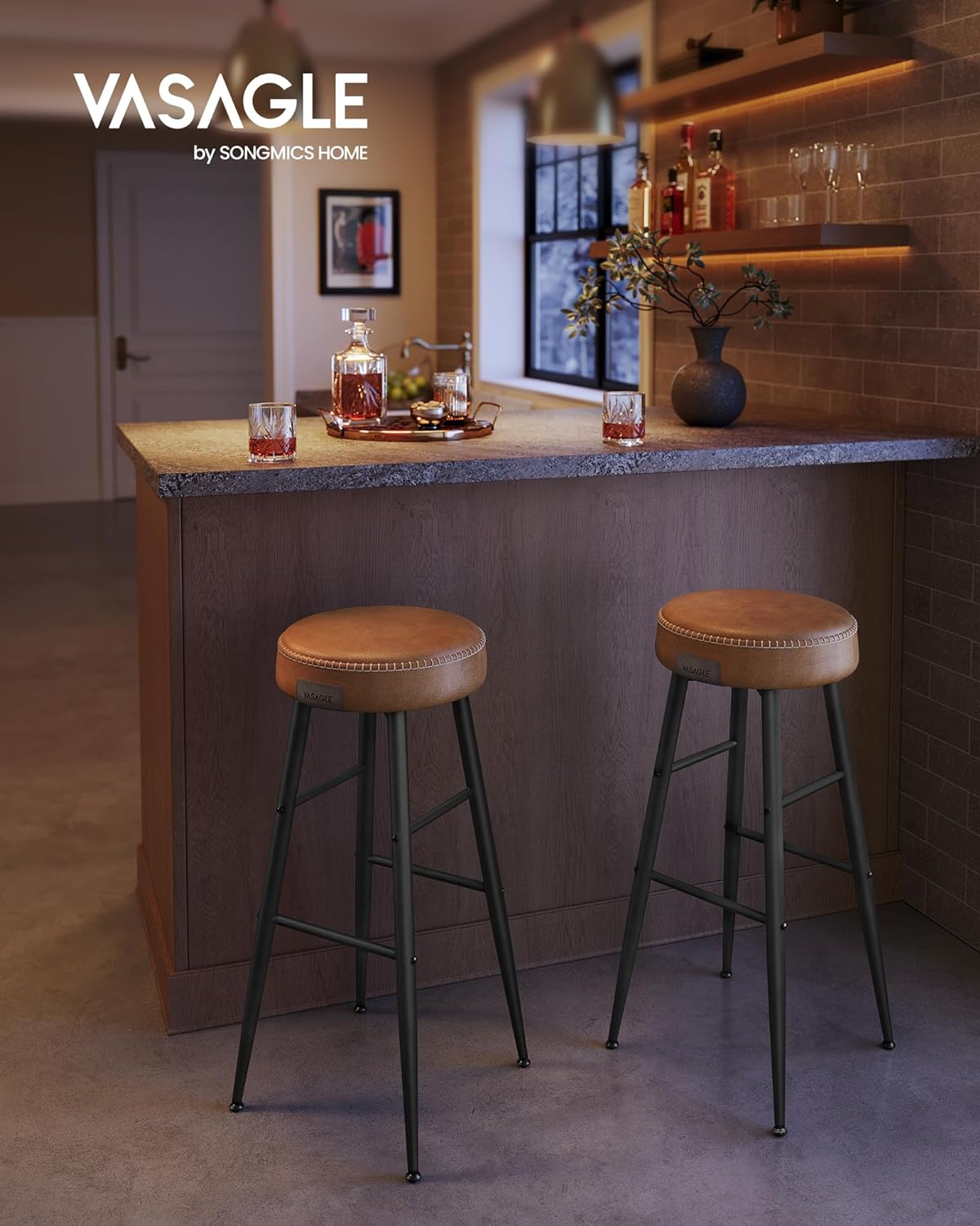 EKHO Collection - Bar Stools Set of 2, Kitchen Counter Stools, Breakfast Stools, Synthetic Leather with Stitching, 30-Inch Tall