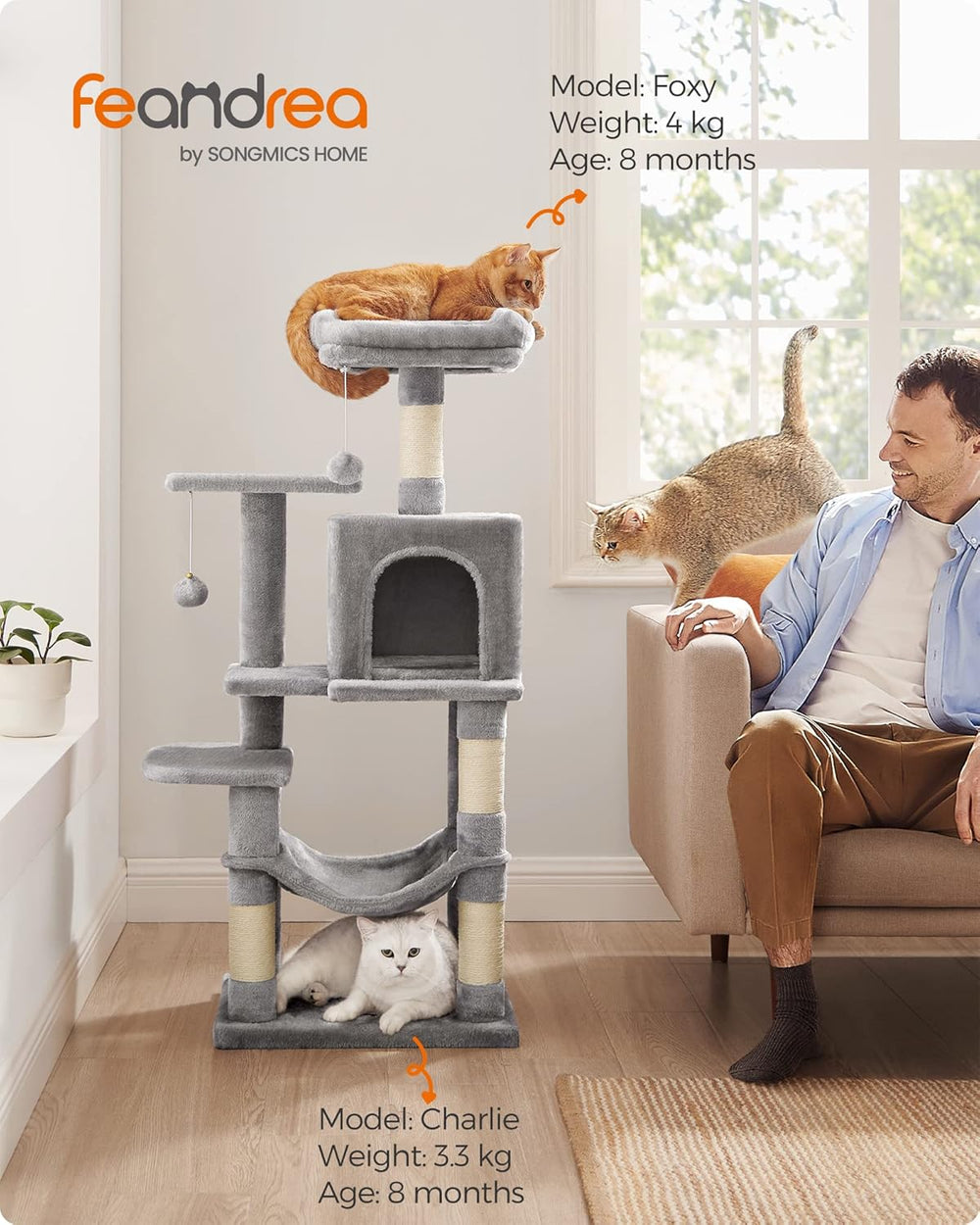 Light Grey Cat Tower - Hammock & Scratching Posts - Karrari