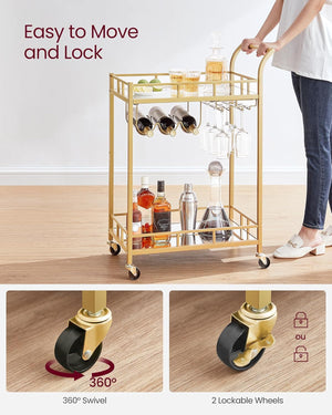 Gold Bar Cart with 2 Mirrored Shelves & Wine Holders - Karrari