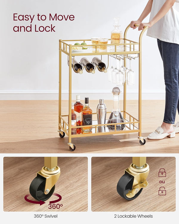 Gold Bar Cart with 2 Mirrored Shelves & Wine Holders - Karrari