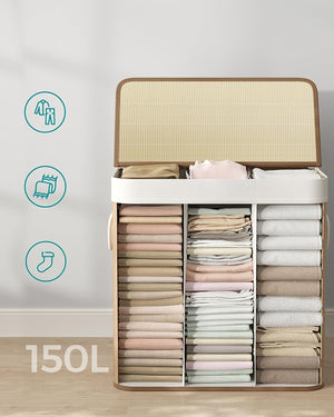 150L 3-Section Foldable Laundry Hamper - Lid & Handles