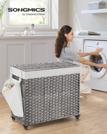 Laundry Basket with Lid, 160 L, Laundry Hamper, 3 Compartments, Laundry Sorter with Wheels, Rattan Look