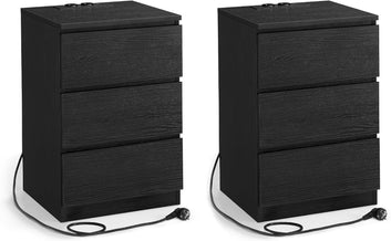 Nightstand with Charging Station, Set of 2, Side Tables with 3 Drawers, 2 AC Outlets, 2 USB Ports, Beveled Drawer Fronts, for Living Room, Bedroom