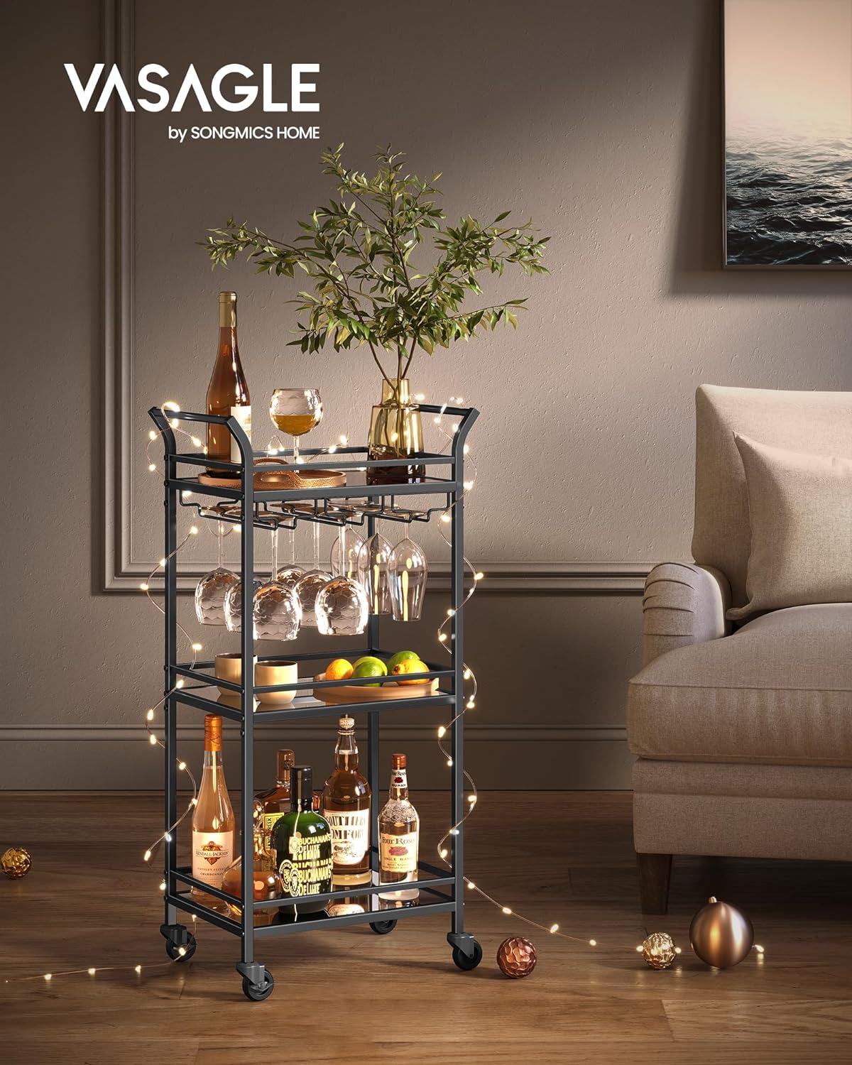3 Tier Serving Trolley with Wheels and Mirrored Glass Handles