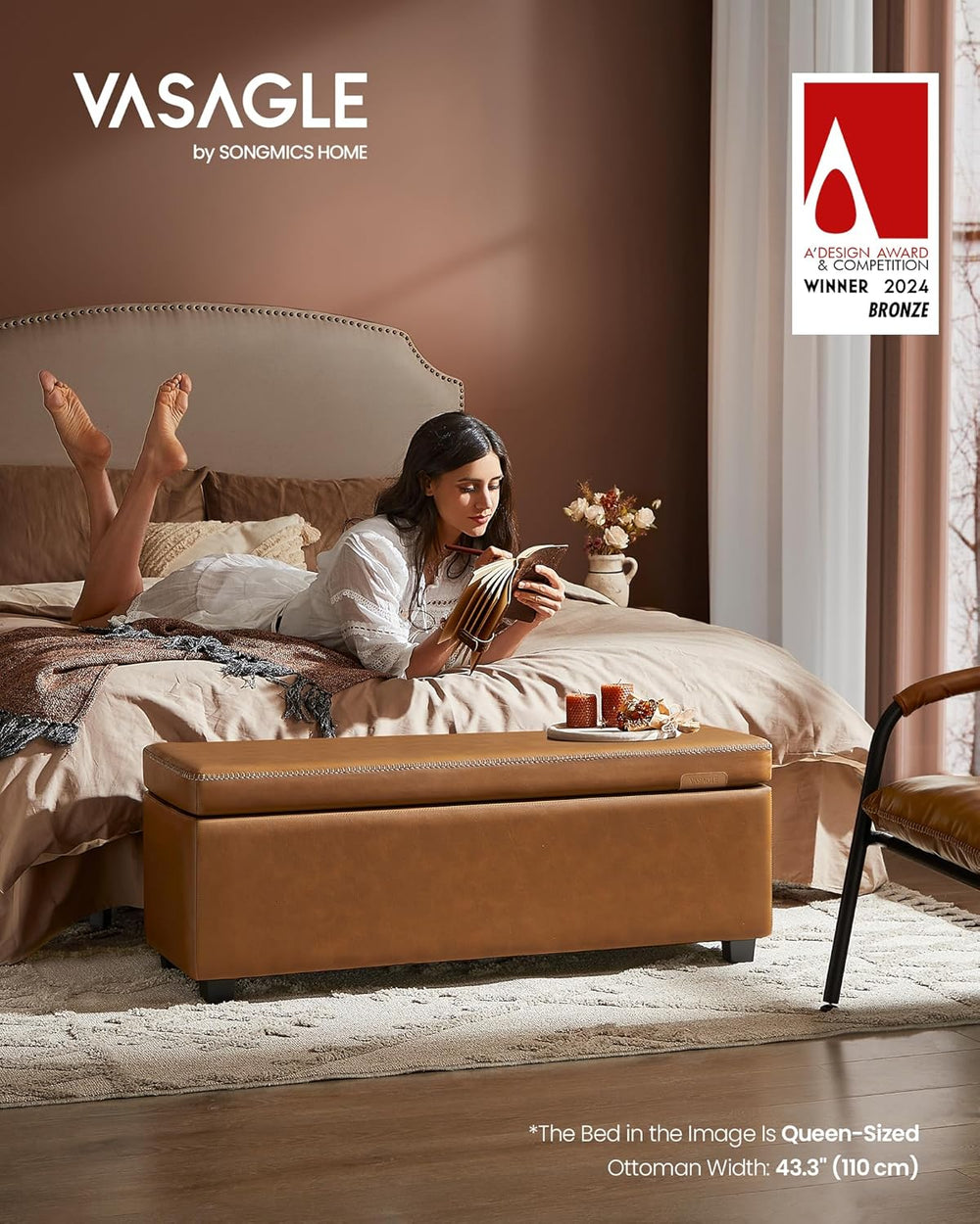 Storage Ottoman Bench – Leather Look, Mid-Century Design