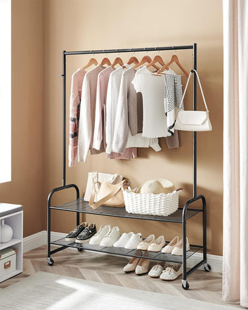 Clothes Rail, Clothes Drying Rack, Coat Stand Rack, Coat and Shoe Storage Hallway, 2 Hooks, Mesh Shelves