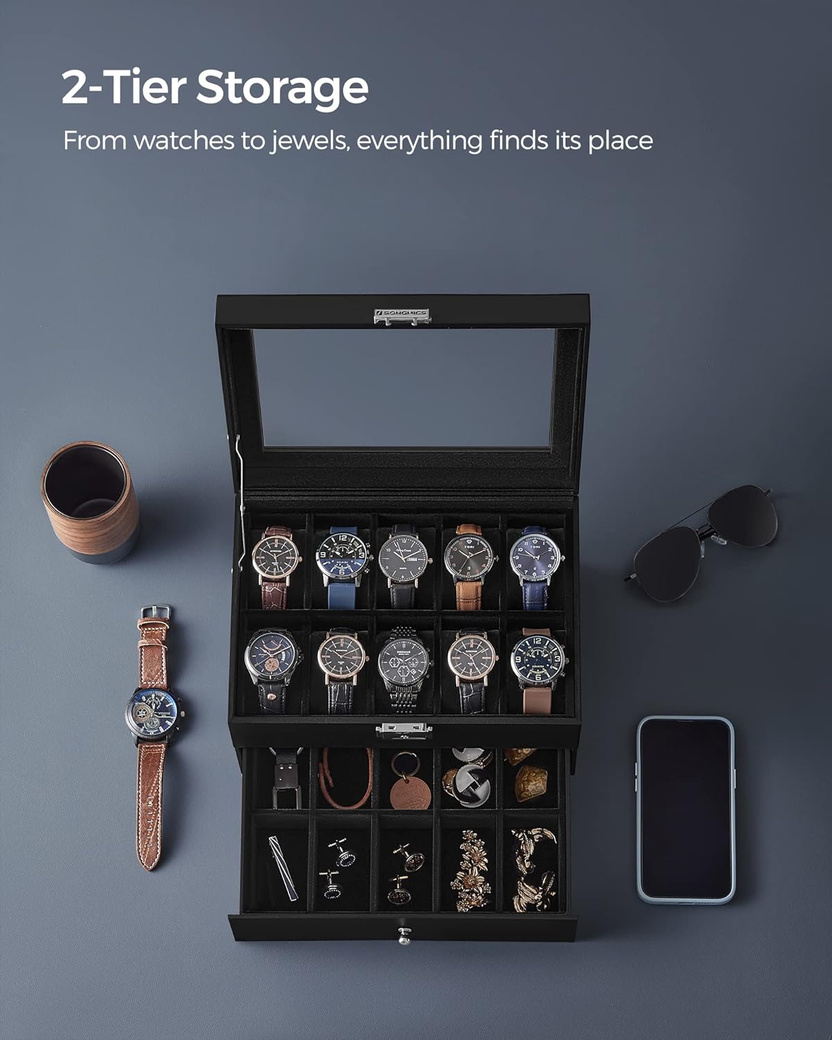 Watch Box, Watch Case with Glass Lid, 2-Tier Watch Display Case, Locka