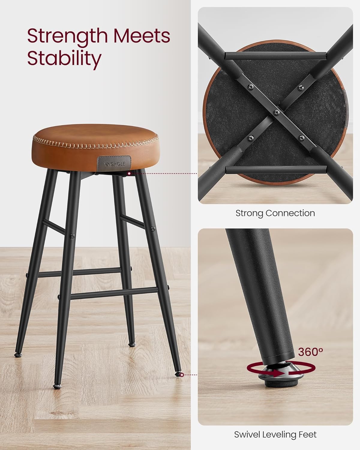 VASAGLE EKHO Lot De 2 Tabourets De Bar Mi-Siècle – PU Caramel, Hauteur 63 Cm, Coutures Élégantes