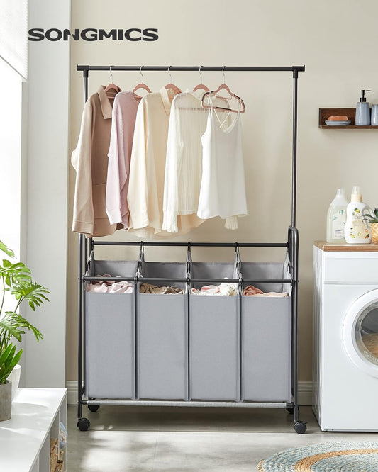 4-Section Laundry Sorter, Rolling Laundry Hamper with Hanging Bar, Heavy-Duty Laundry Basket