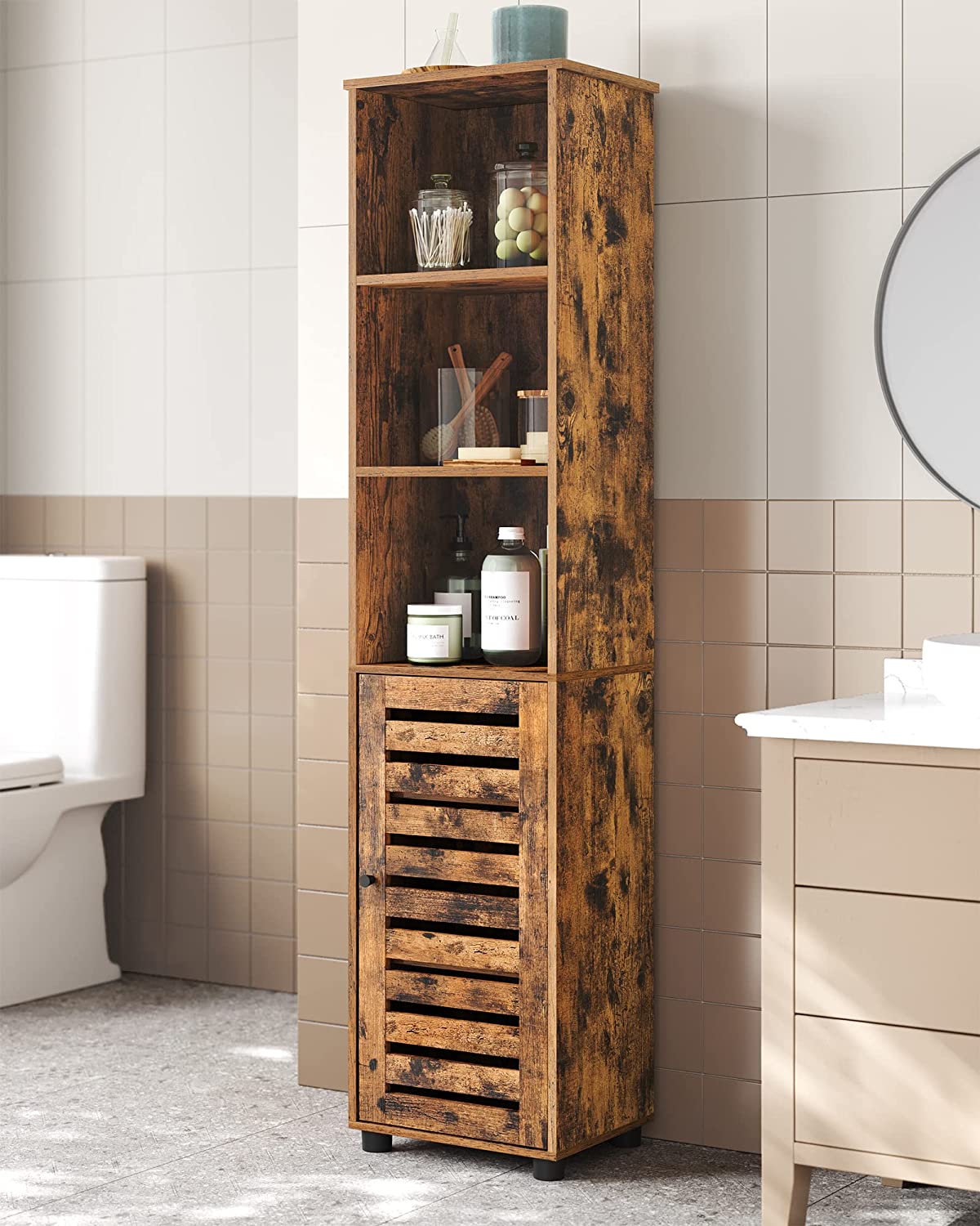Bathroom Cabinet, Tall Bathroom Cabinet, Storage Organizer, with 3 Open Compartments and 2 Adjustable Shelves