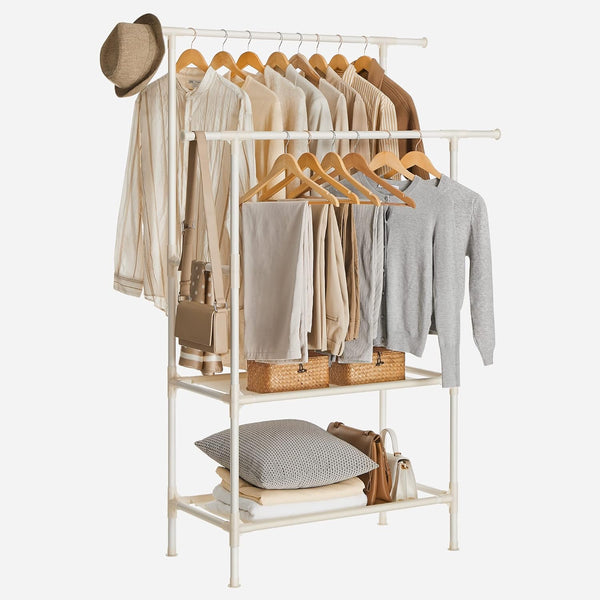 Metal Double Clothes Rack with 2-Tier Storage Shelf