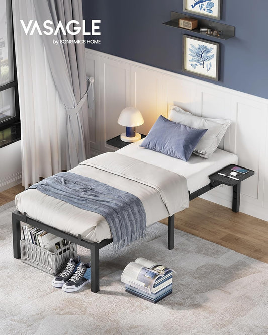 Single Bed Frame, Metal Bed Frame, with Bedside Shelves, 90 x 190 cm