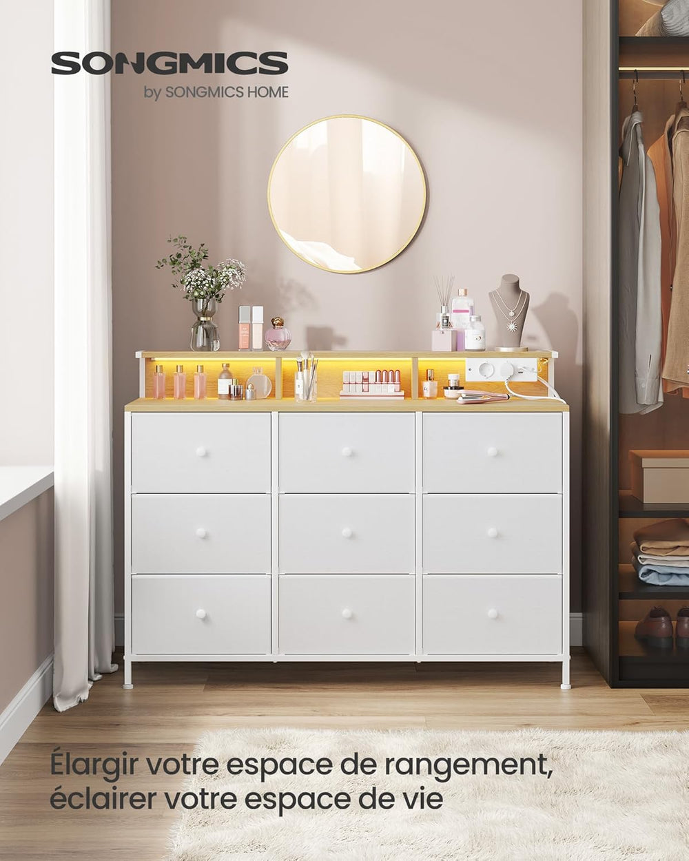 9-Drawer Fabric Cabinet with LED Lighting