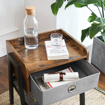 Coffee Nightstand, with Pull-Out Fabric Shelf, Metal Frame
