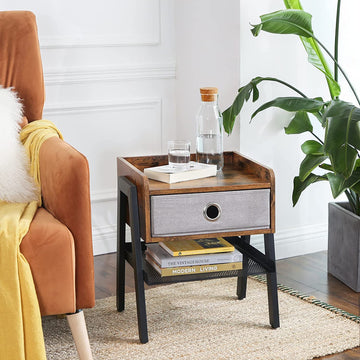 Coffee Nightstand, with Pull-Out Fabric Shelf, Metal Frame