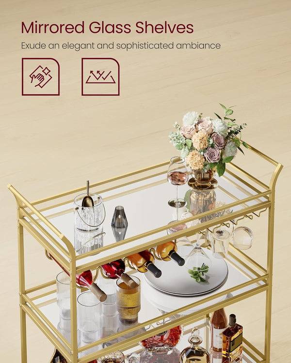 Gold Bar Cart with 3-Tier Mirrored Shelves
