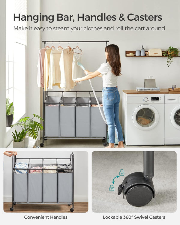 4-Section Laundry Sorter Trolley - Wheels & Brake, 200L - Karrari