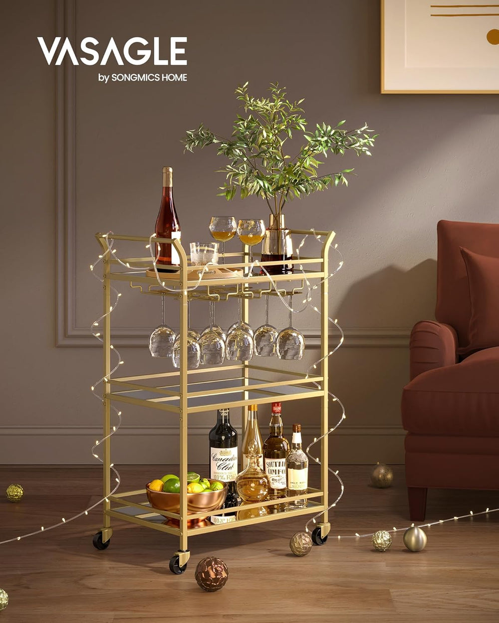 Gold Bar Cart with 3-Tier Mirrored Shelves
