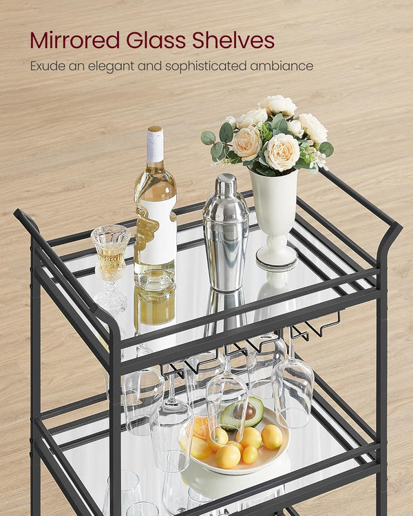 Black Bar Cart with 3-Tier Mirrored Shelves