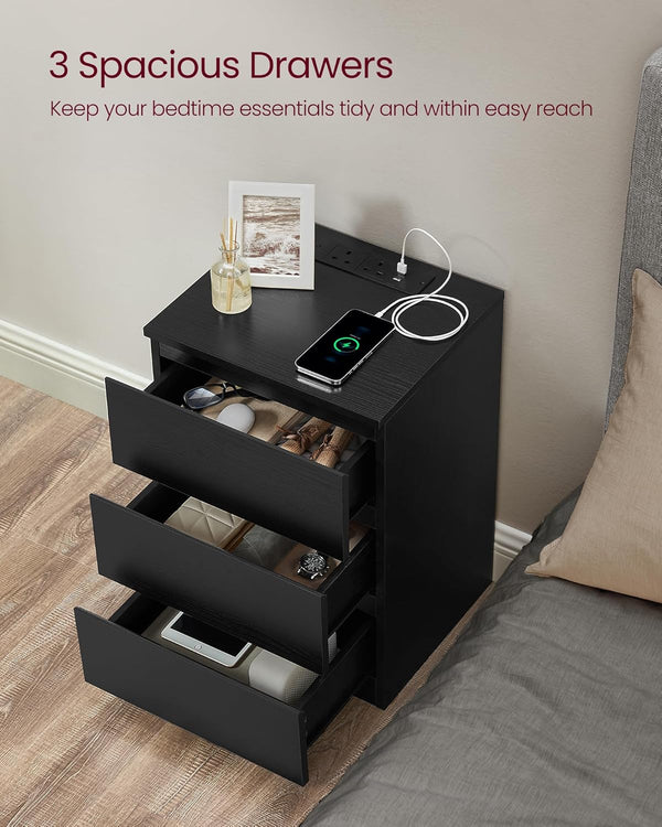 Bedside Tables with Power Strip Set of 2 - Ebony Black - Karrari