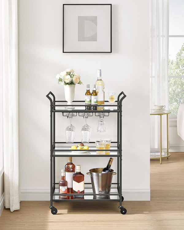 Black Bar Cart with 3-Tier Mirrored Shelves