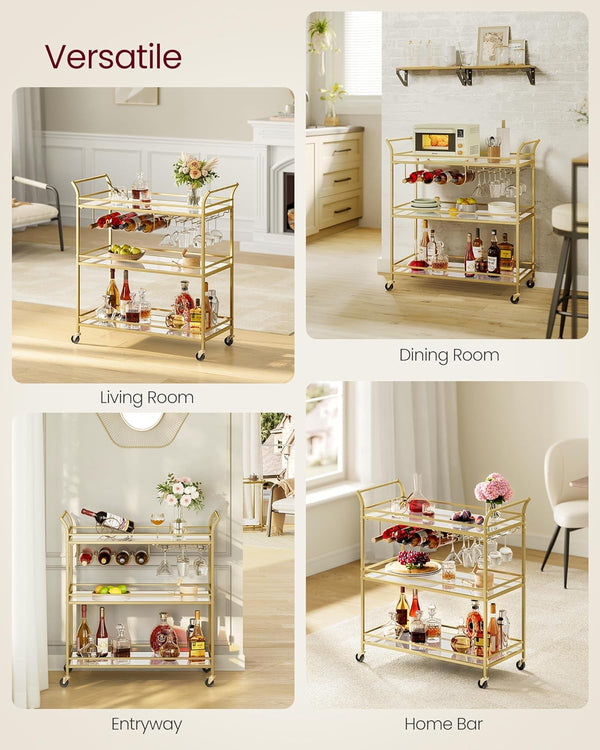 Gold Bar Cart with 3-Tier Mirrored Shelves