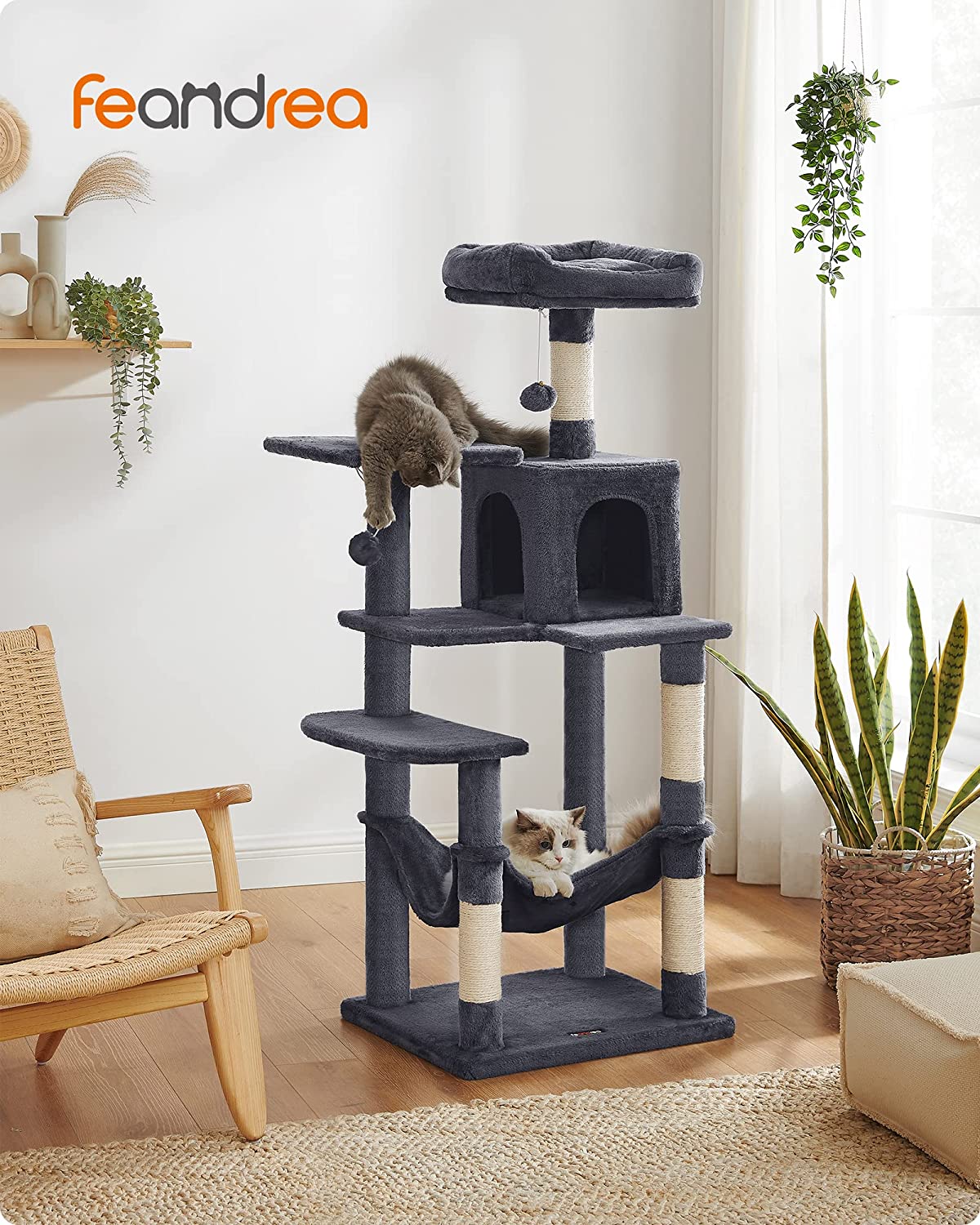 143cm Tall Cat Tree, Cat Scratching Post, with 4 Scratching Posts, 2 Perches, 1 Cave, 1 Hammock, 2 Pompoms, Multi-Level Plush, Smoke Gray