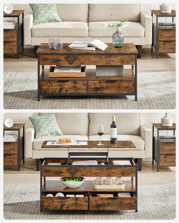 Lift Top Coffee Table, Living Room Table, with Storage Drawers, Hidden Compartments, and Open Shelf