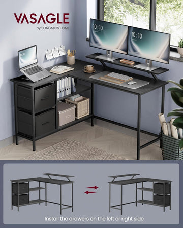 L-Shaped Desk with 2 Spacious Drawers, Gaming Desk with Monitor Stand, Corner Desk