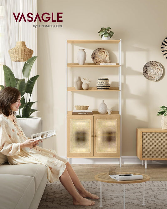 6-Tier Bookcase, Tall Bookshelf with Rattan-Like Doors, Boho Style, Freestanding Shelving Unit, Metal Frame