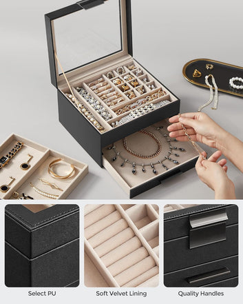 Jewellery Box with Glass Lid, 3-Layer Jewellery Organiser with 2 Drawers, Jewellery Storage