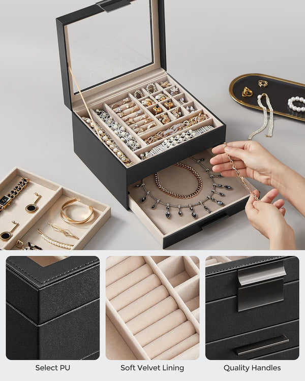 3-Layer Jewellery Box with Glass Lid & 2 Drawers - Karrari