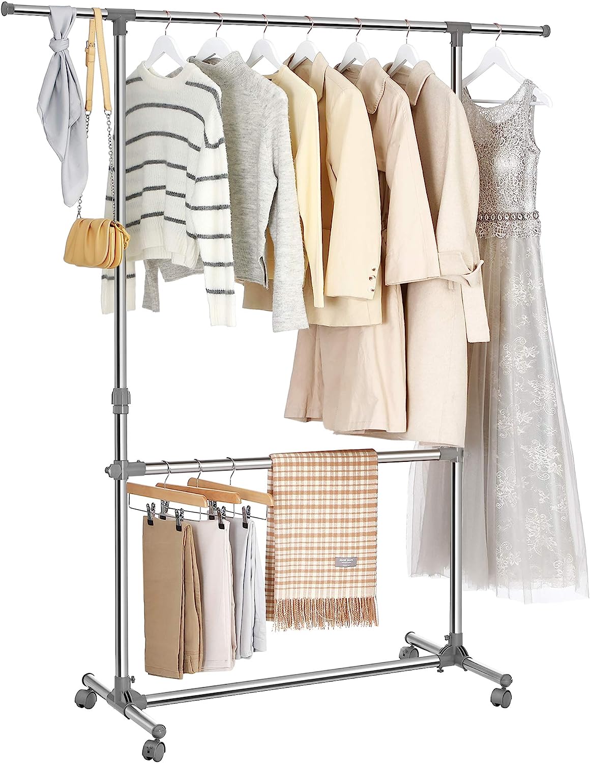 Double Clothes Rail, Clothing Rack with Extendable Top Rail, Clothes R