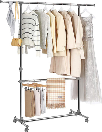 Double Clothes Rail, Clothing Rack with Extendable Top Rail, Clothes Rail on Wheels, 113-180 cm Height Adjustable
