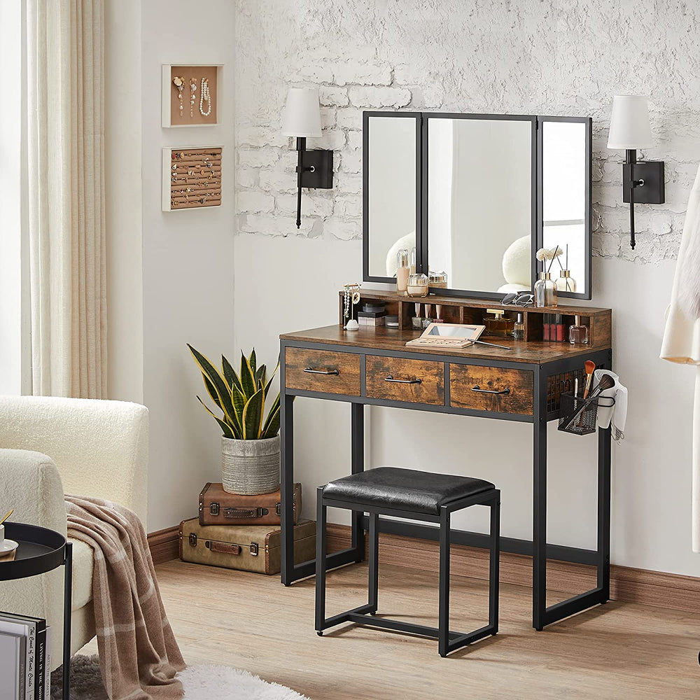 Makeup Table with Folding Mirror, Stool & Drawers - Karrari
