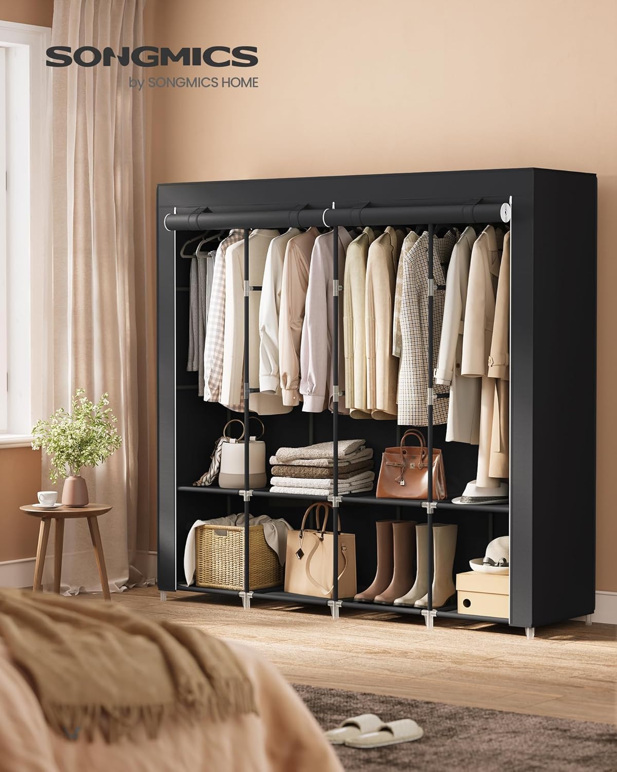 lothes Wardrobe, Portable Closet, Garment Organiser Rack with 4 Hanging Rails, Shelves, 4 Side Pockets, 170 x 45 x 167 cm