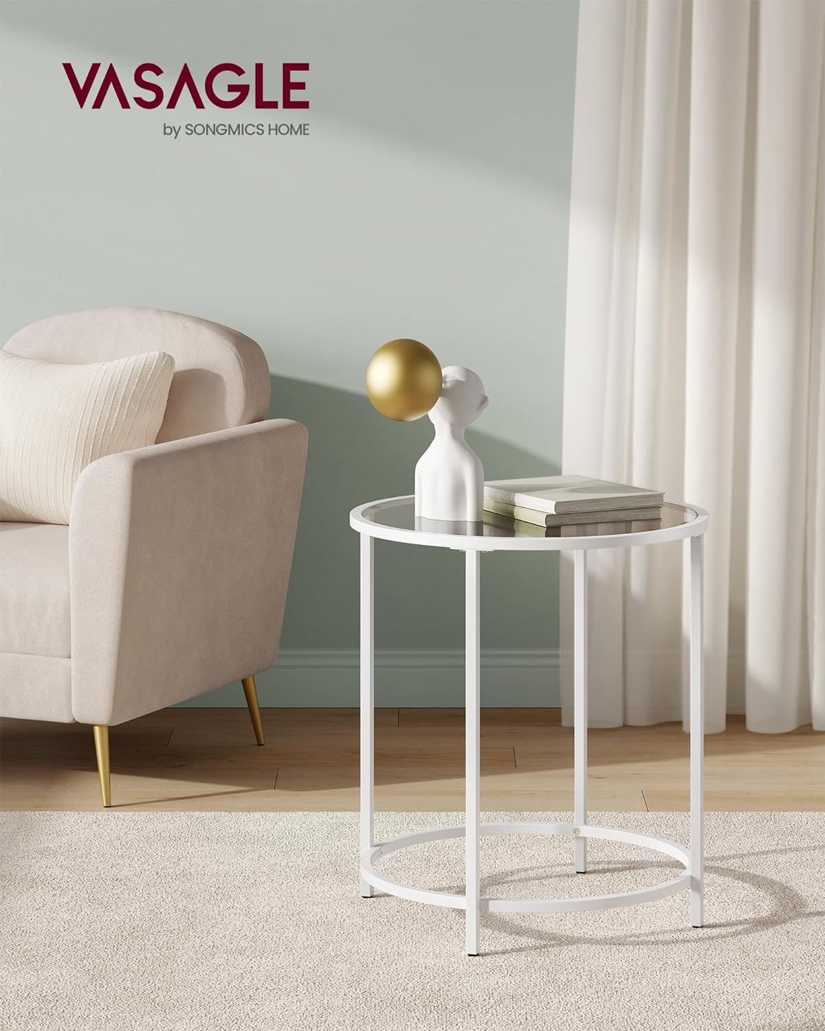 Round Side Table Small Glass Table with Tempered Glass Surface and Metal Frame