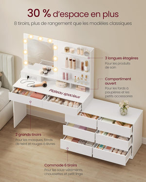 Vanity Table with LED Mirror, 8 Drawers & Shelves