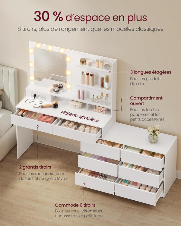 Vanity Table with LED Mirror, 8 Drawers & Shelves