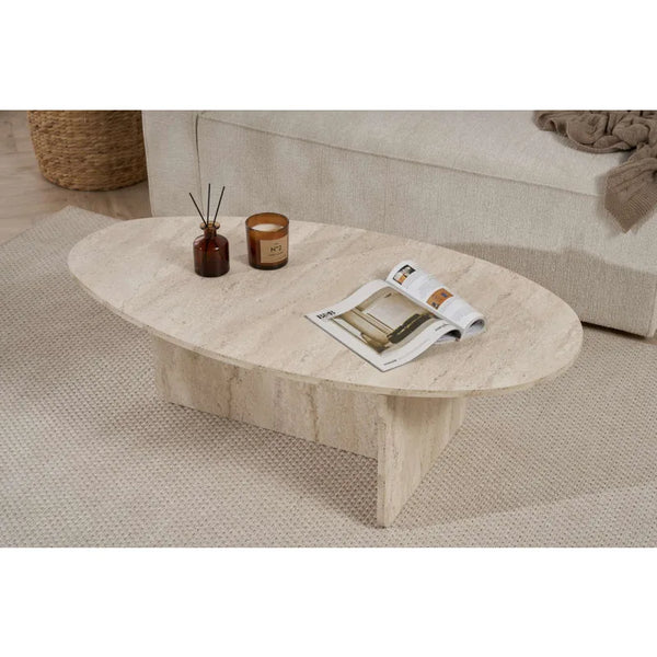 Orbital Travertine-Style Oval Coffee Table - Karrari